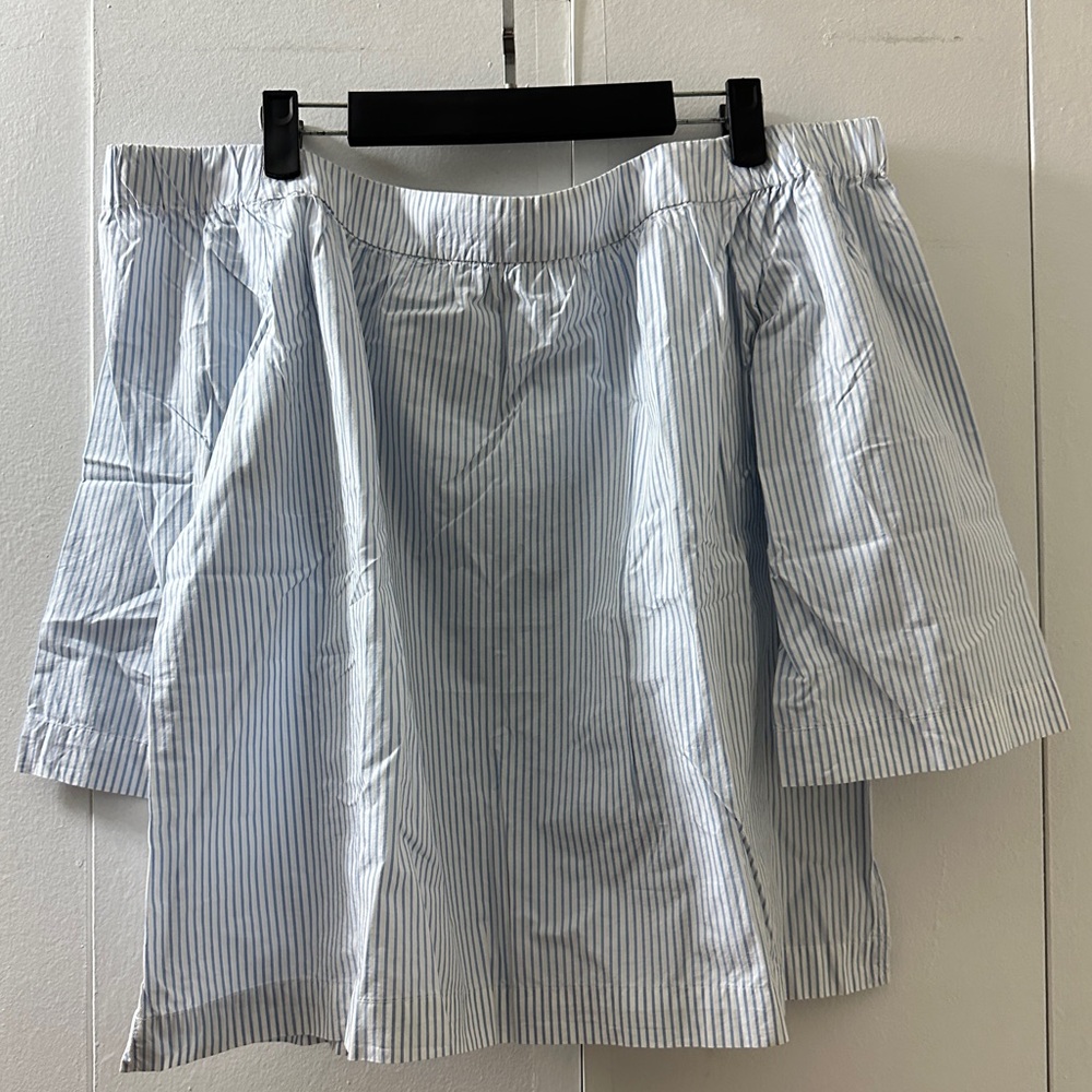 Madewell Women’s Off Shoulder Stripe Baby Blue Poplin Top Blouse Size XL NWOT